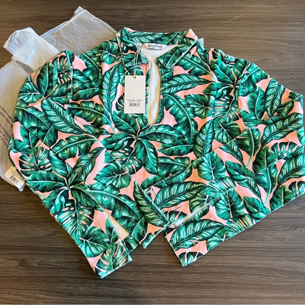 Beverly Hills tropical leaf terry cloth long sleeve crop top / cover up